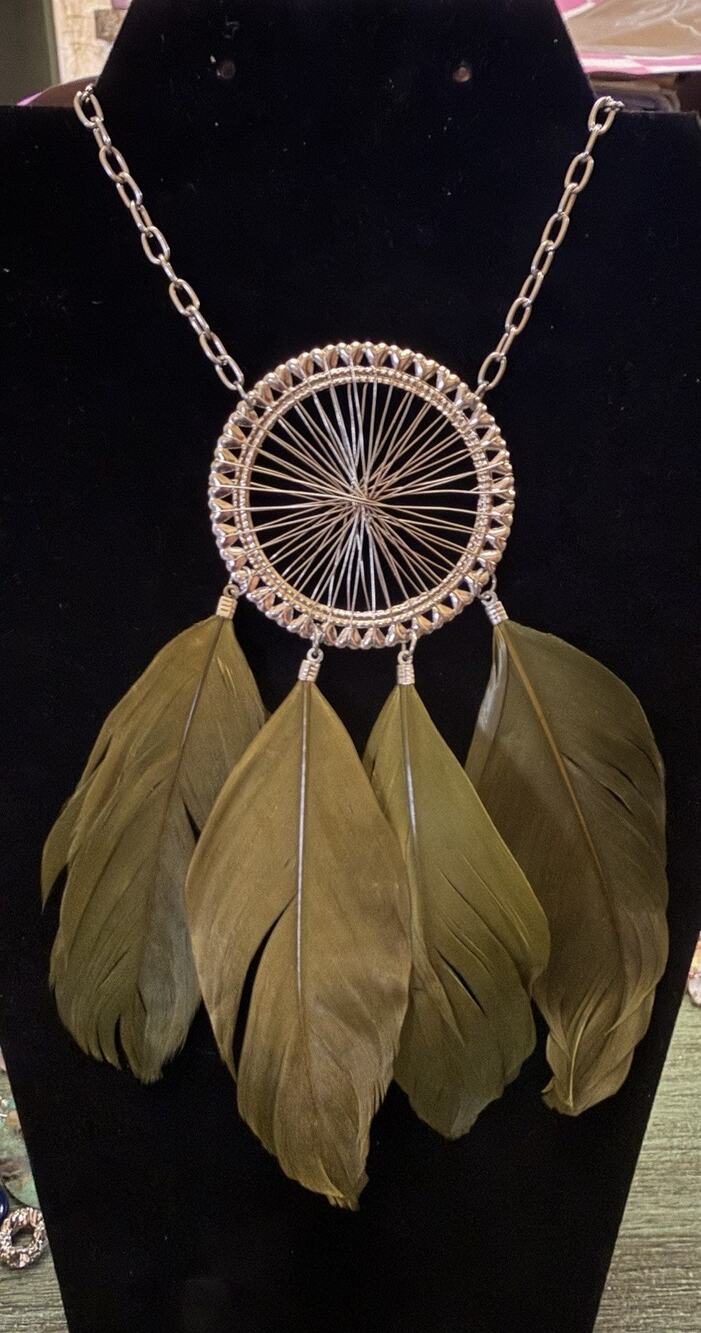 Vintage Silver Dreamcatcher Pendant With Real Feathers.